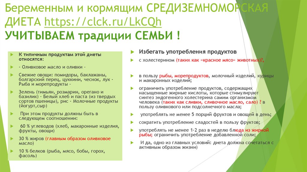 Беременным и кормящим СРЕДИЗЕМНОМОРСКАЯ ДИЕТА https://clck.ru/LkCQh УЧИТЫВАЕМ традиции СЕМЬИ !