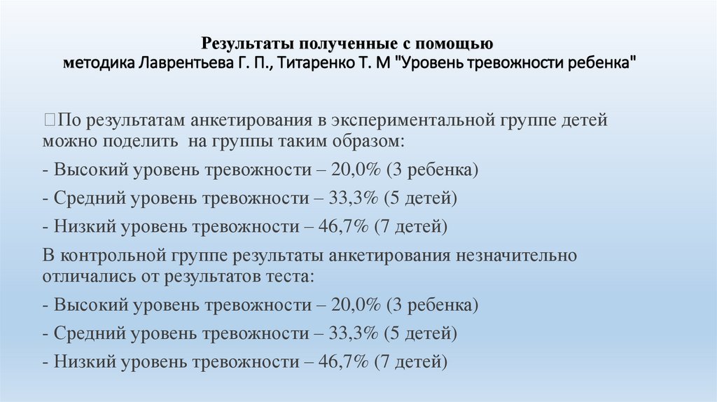 Результаты полученные с помощью методика Лаврентьева Г. П., Титаренко Т. М "Уровень тревожности ребенка"