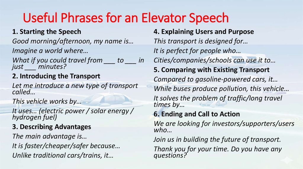 Useful Phrases for an Elevator Speech