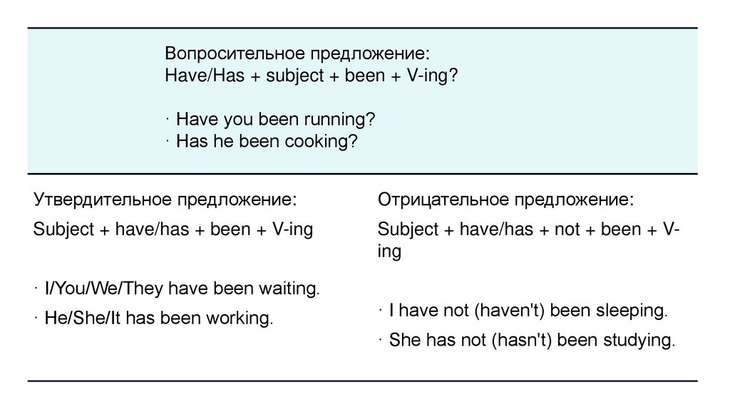 Вопросительное предложение: Have/Has + subject + been + V-ing? · Have you been running? · Has he been cooking?