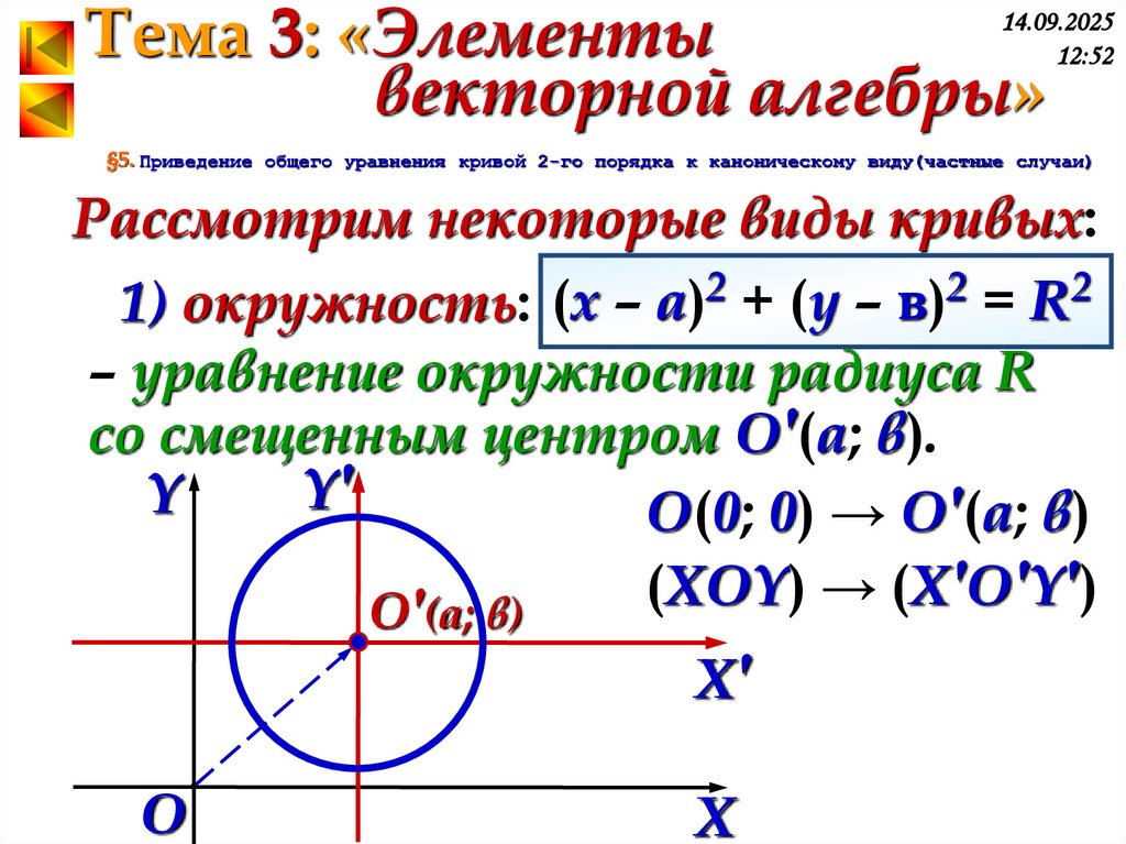 §5. Приведение общего уравнения кривой 2-го порядка к каноническому виду(частные случаи)