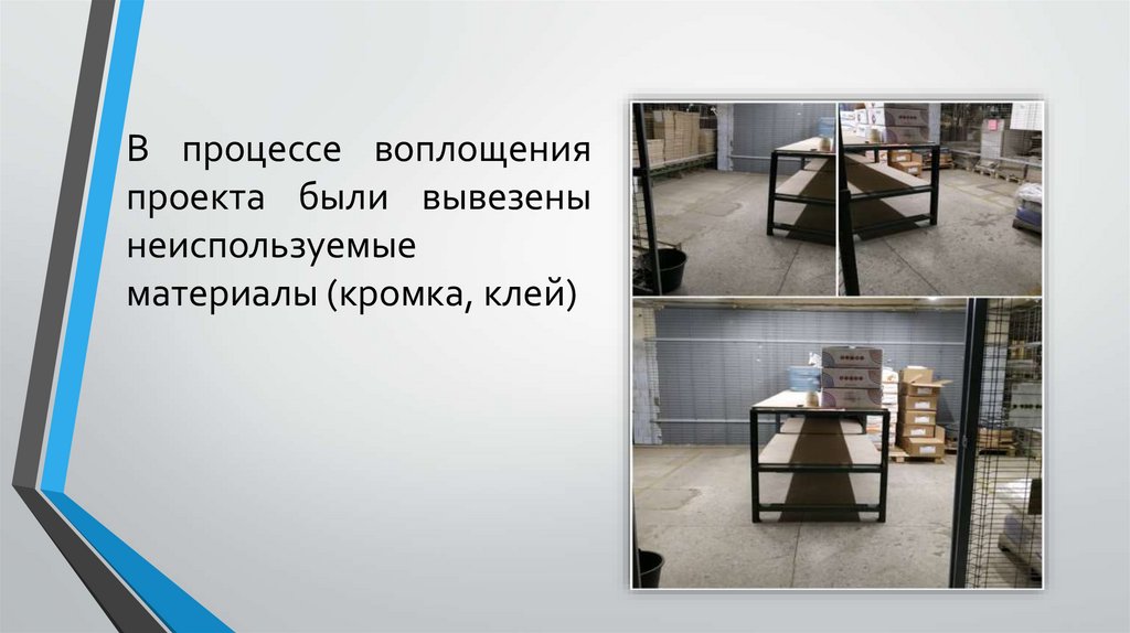 В процессе воплощения проекта были вывезены неиспользуемые материалы (кромка, клей)