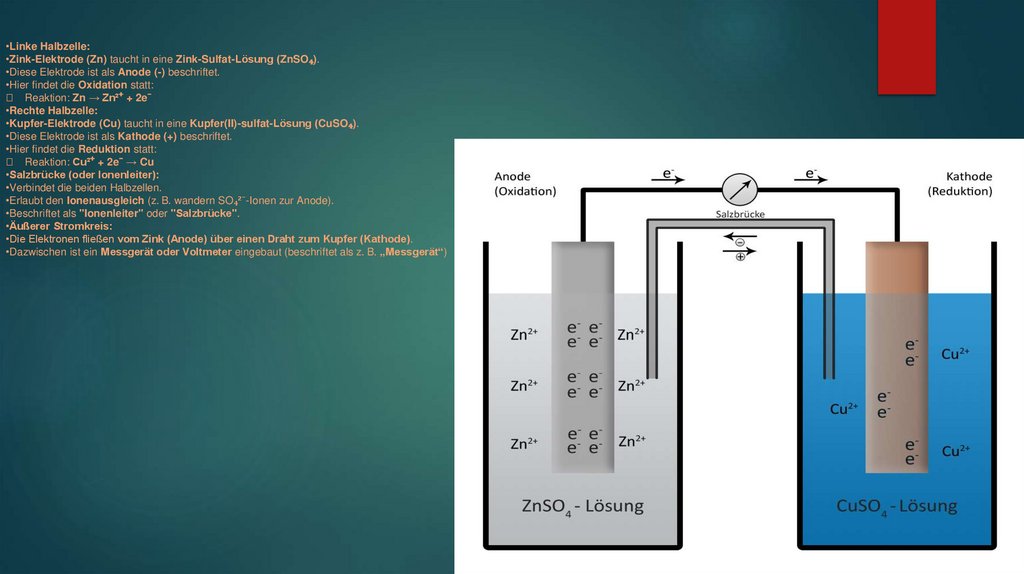 Linke Halbzelle: Zink-Elektrode (Zn) taucht in eine Zink-Sulfat-Lösung (ZnSO₄). Diese Elektrode ist als Anode (-) beschriftet.