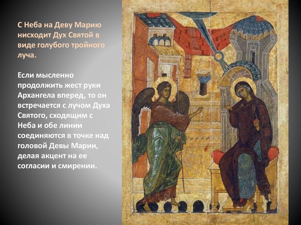 С Неба на Деву Марию нисходит Дух Святой в виде голубого тройного луча. Если мысленно продолжить жест руки Архангела вперед, то
