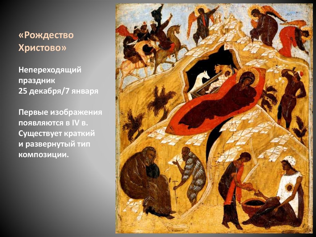 «Рождество Христово» Непереходящий праздник 25 декабря/7 января Первые изображения появляются в IV в. Существует краткий и
