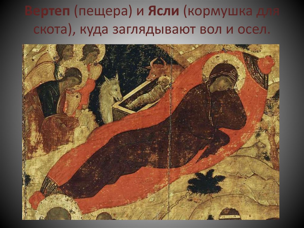 Вертеп (пещера) и Ясли (кормушка для скота), куда заглядывают вол и осел.