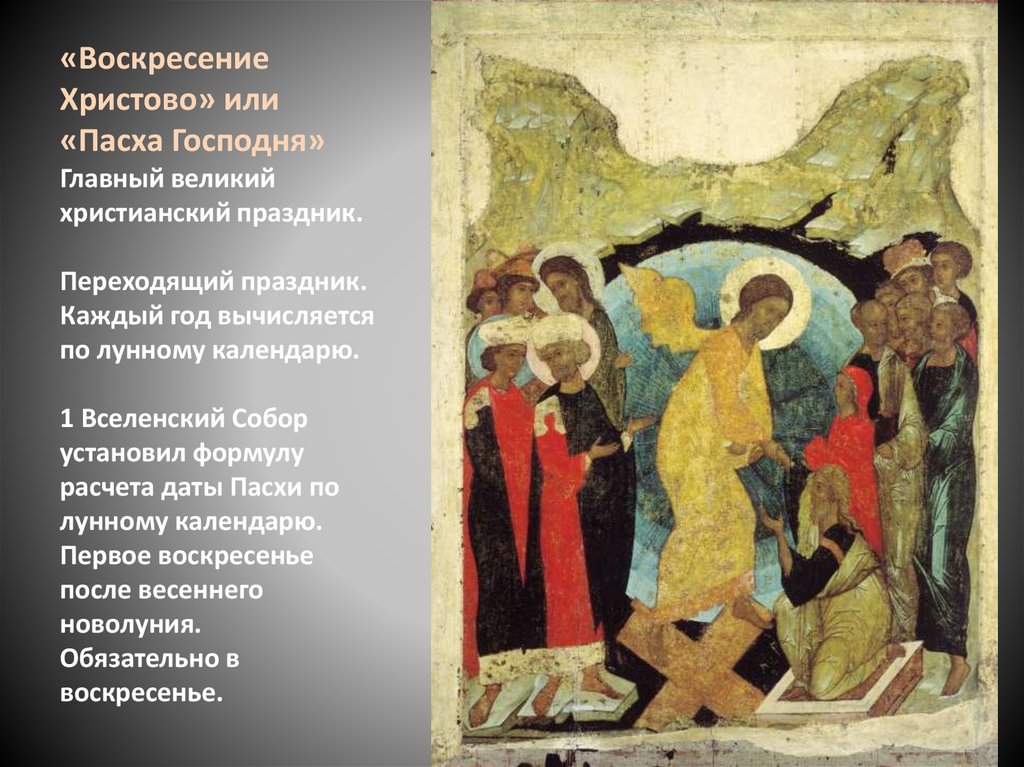 «Воскресение Христово» или «Пасха Господня» Главный великий христианский праздник. Переходящий праздник. Каждый год вычисляется