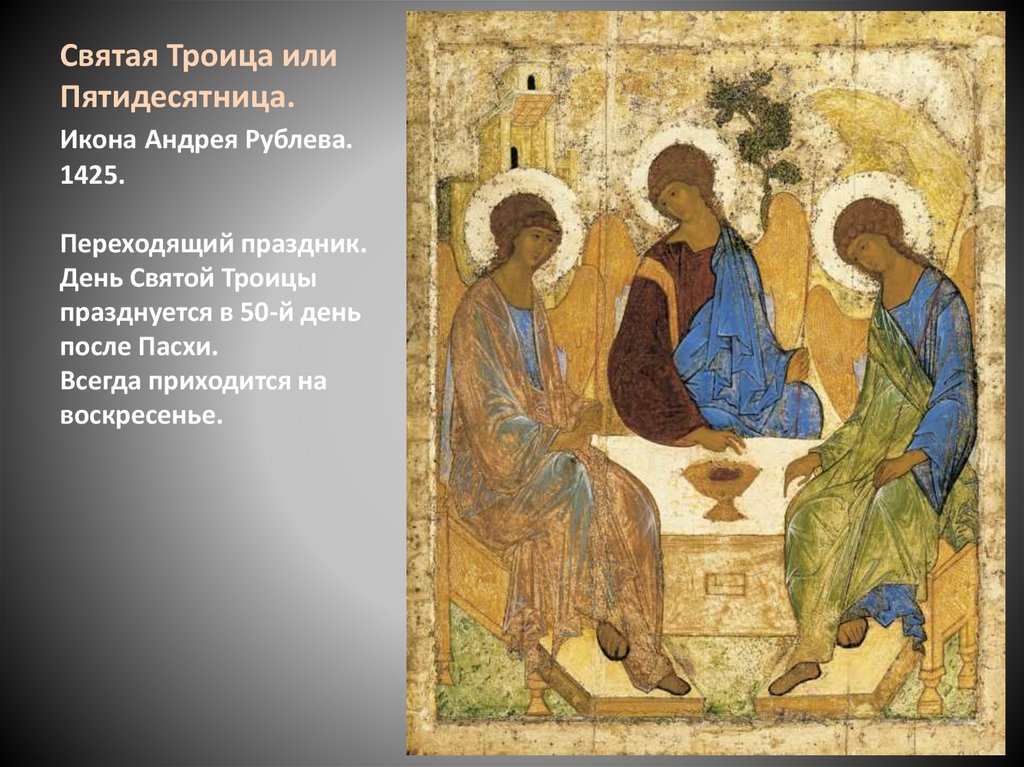 Святая Троица или Пятидесятница. Икона Андрея Рублева. 1425. Переходящий праздник. День Святой Троицы празднуется в 50-й день