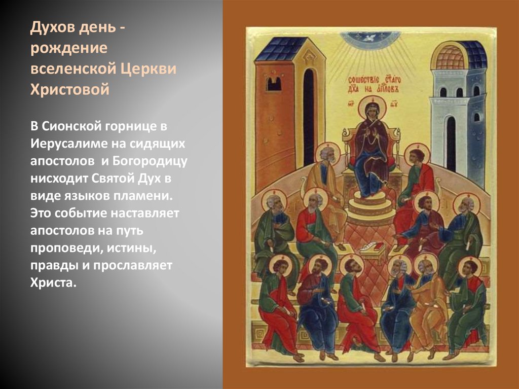 Духов день - рождение вселенской Церкви Христовой В Сионской горнице в Иерусалиме на сидящих апостолов и Богородицу нисходит