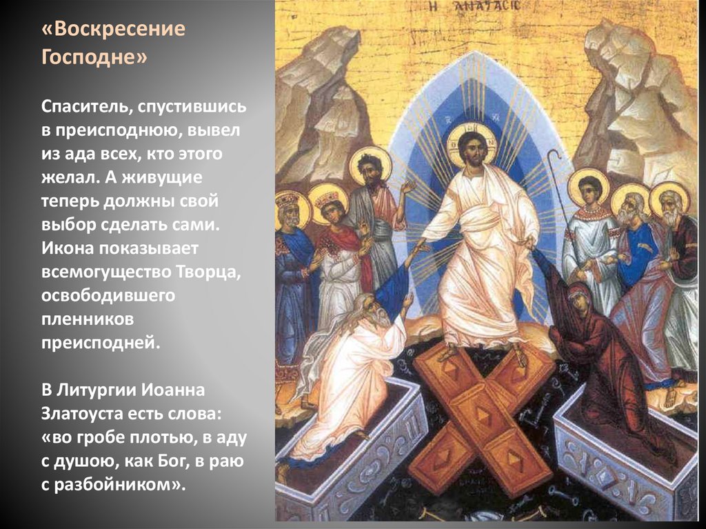 «Воскресение Господне» Спаситель, спустившись в преисподнюю, вывел из ада всех, кто этого желал. А живущие теперь должны свой