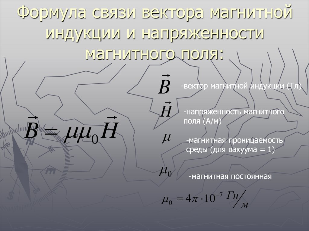 Формула связи вектора магнитной индукции и напряженности магнитного поля:
