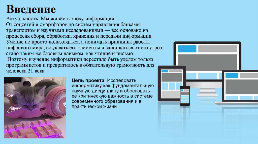 Введение Актуальность: Мы живём в эпоху информации. От соцсетей и смартфонов до систем управления банками, транспортом и