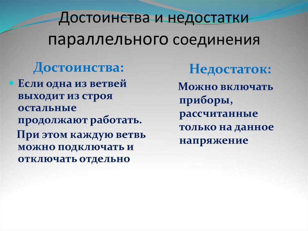 Достоинства и недостатки параллельного соединения