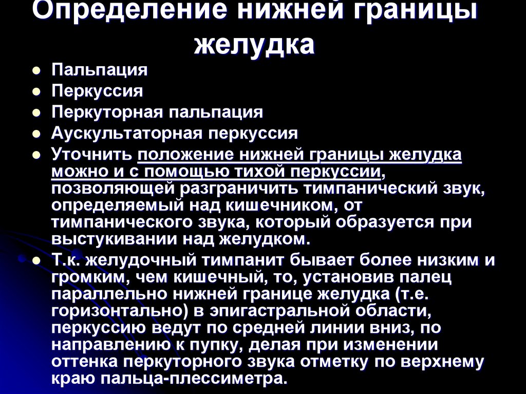 Определение нижней границы желудка