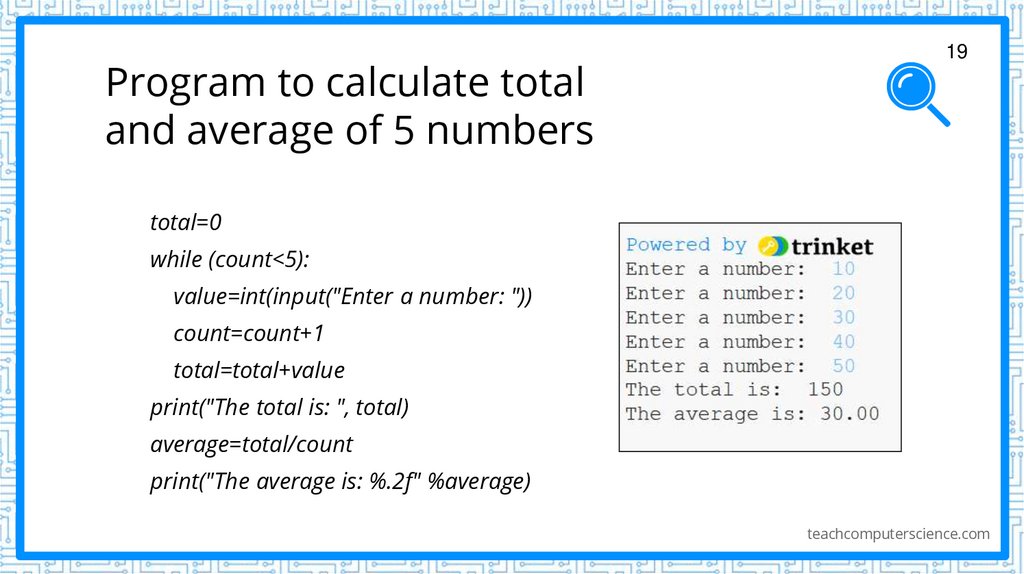 Program to calculate total and average of 5 numbers