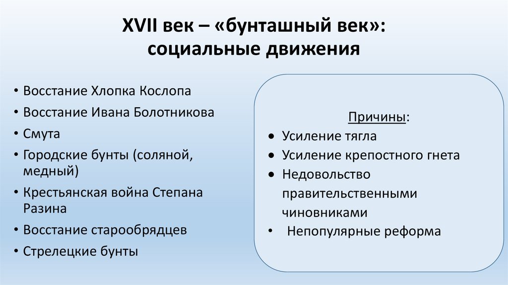 XVII век – «бунташный век»: социальные движения