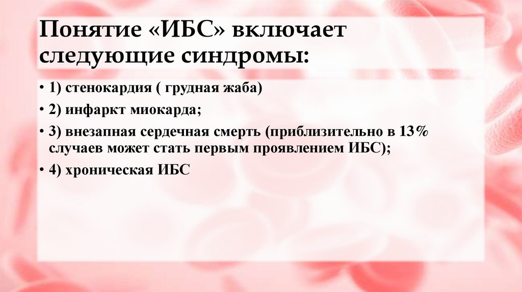 Понятие «ИБС» включает следующие синдромы: