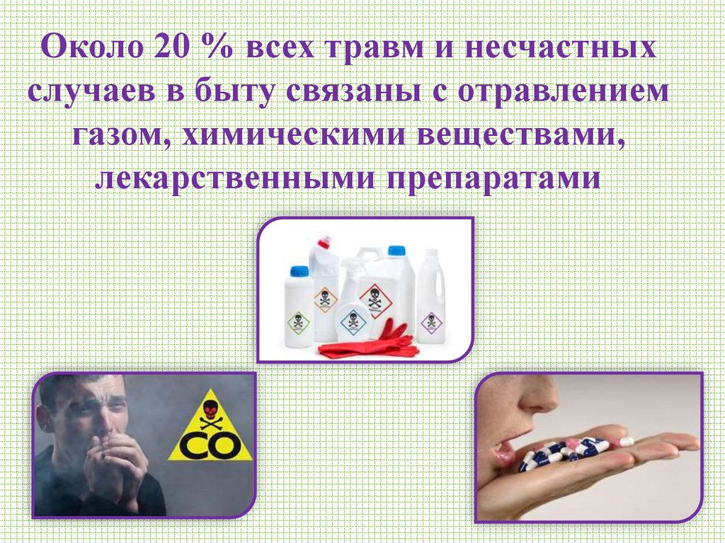 Около 20 % всех травм и несчастных случаев в быту связаны с отравлением газом, химическими веществами, лекарственными
