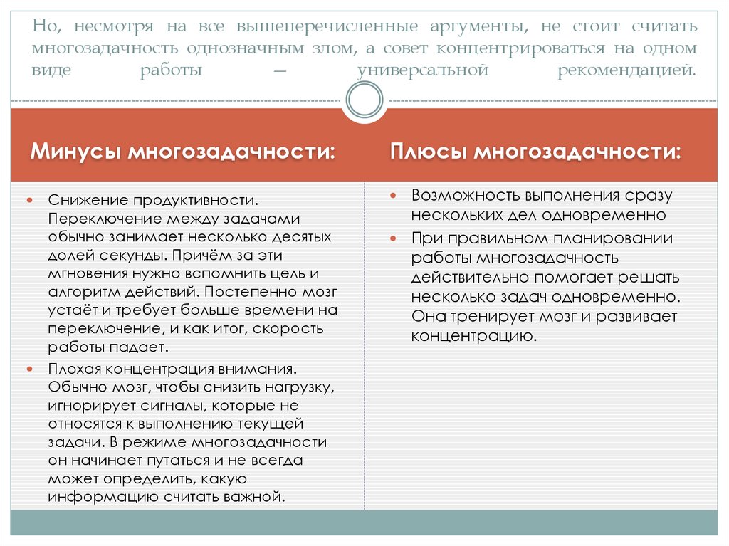 Но, несмотря на все вышеперечисленные аргументы, не стоит считать многозадачность однозначным злом, а совет концентрироваться