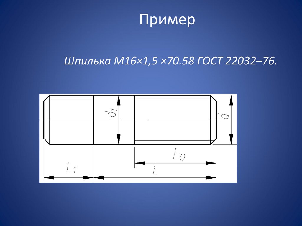 Пример Шпилька М16×1,5 ×70.58 ГОСТ 22032–76.