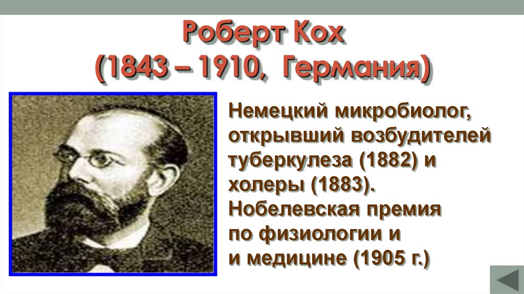 Роберт Кох (1843 – 1910, Германия)