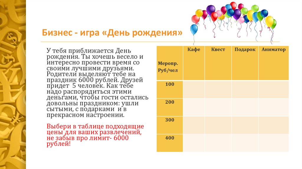 Бизнес - игра «День рождения»