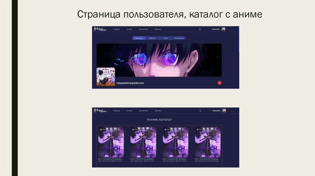 Страница пользователя, каталог с аниме