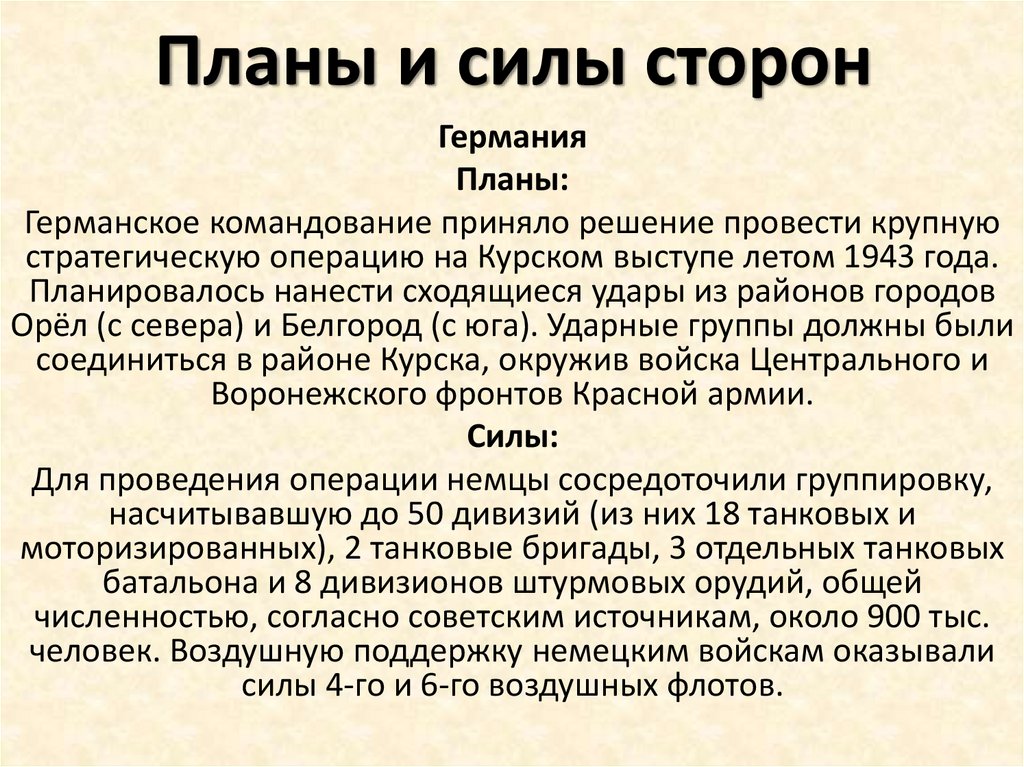 Планы и силы сторон