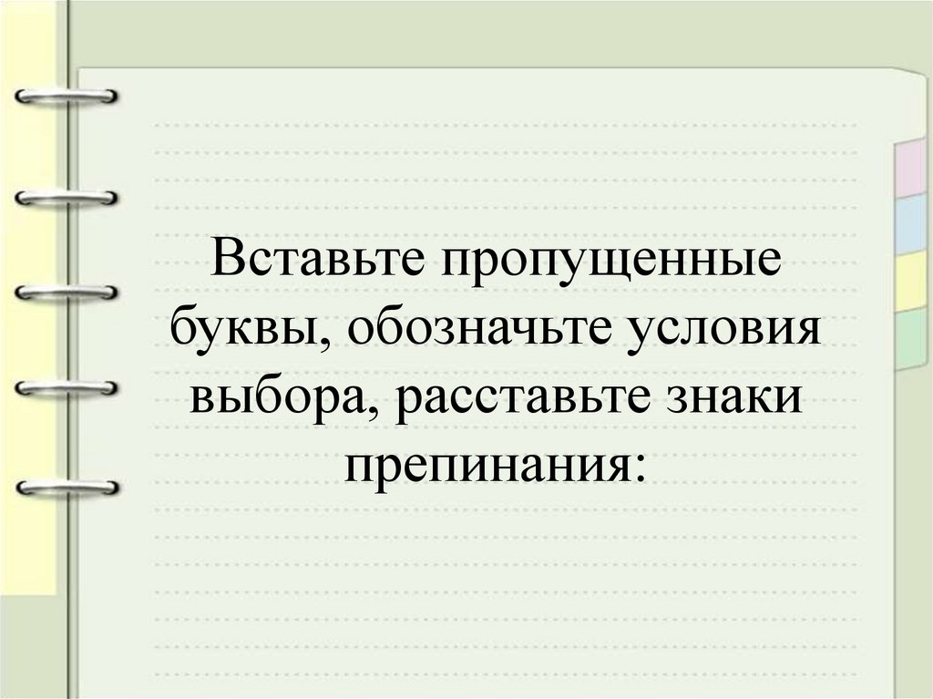 Вставьте пропущенные буквы, обозначьте условия выбора, расставьте знаки препинания:
