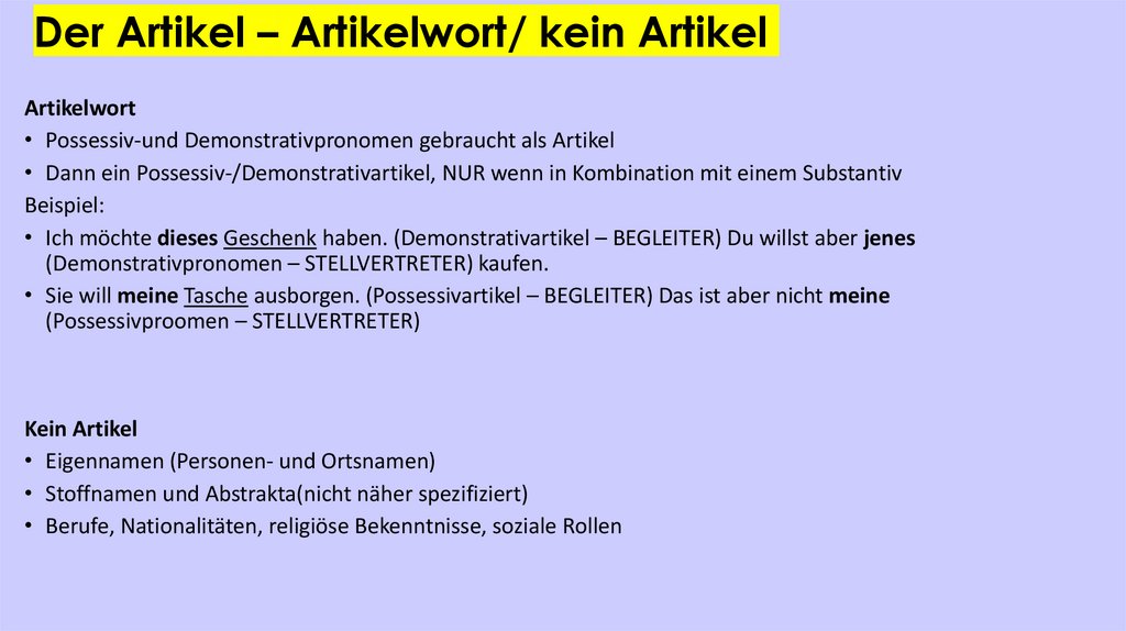 Der Artikel – Artikelwort/ kein Artikel