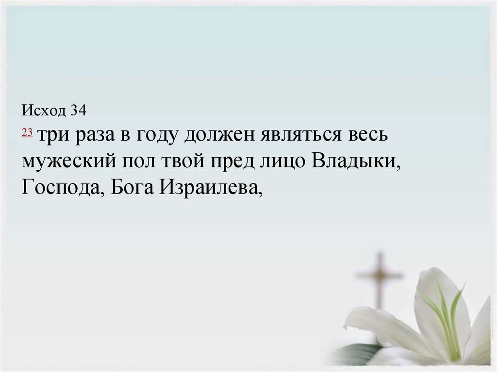 Исход 34 23 три раза в году должен являться весь мужеский пол твой пред лицо Владыки, Господа, Бога Израилева,