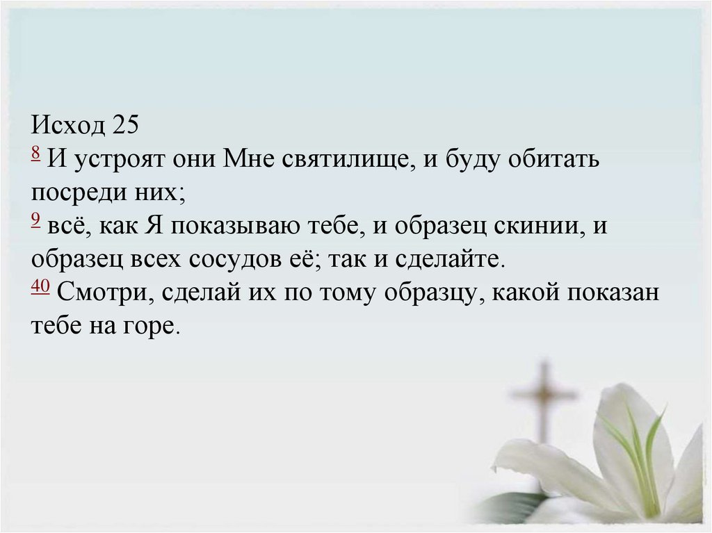 Исход 25 8 И устроят они Мне святилище, и буду обитать посреди них; 9 всё, как Я показываю тебе, и образец скинии, и образец