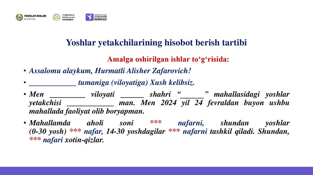 Yoshlar yetakchilarining hisobot berish tartibi