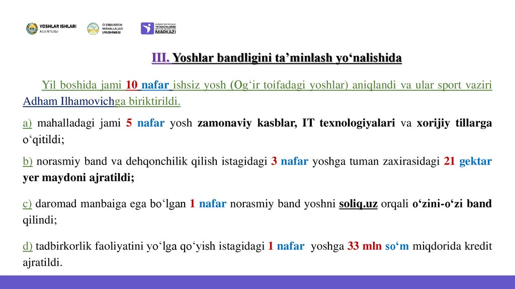 III. Yoshlar bandligini ta’minlash yoʻnalishida