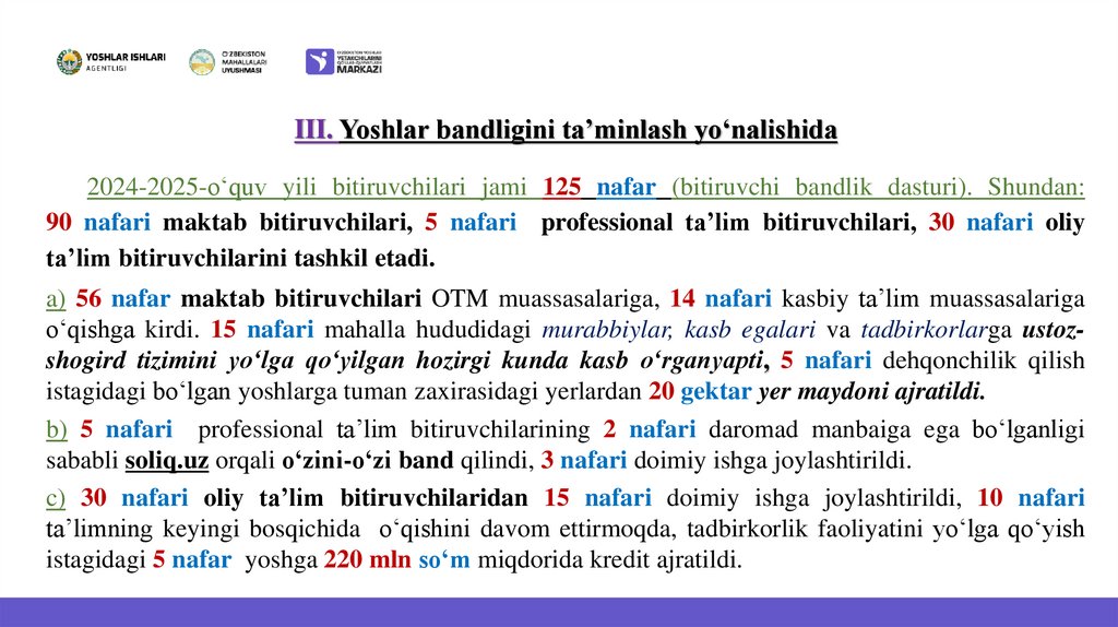 III. Yoshlar bandligini ta’minlash yoʻnalishida