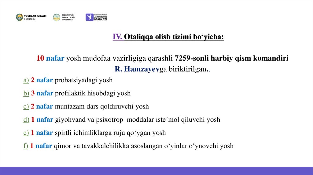 IV. Otaliqqa olish tizimi bo‘yicha: 10 nafar yosh mudofaa vazirligiga qarashli 7259-sonli harbiy qism komandiri R. Hamzayevga
