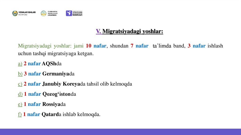 V. Migratsiyadagi yoshlar: