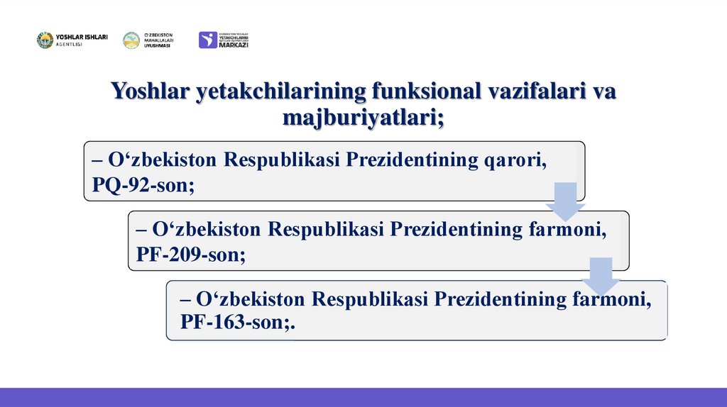 Yoshlar yetakchilarining funksional vazifalari va majburiyatlari;