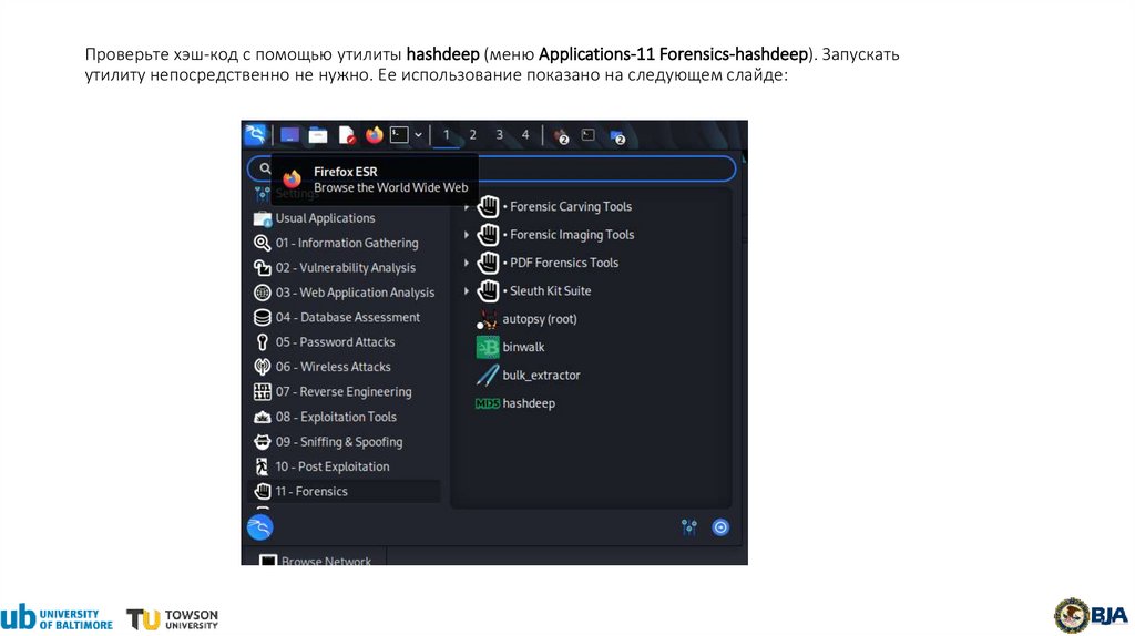 Проверьте хэш-код с помощью утилиты hashdeep (меню Applications-11 Forensics-hashdeep). Запускать утилиту непосредственно не