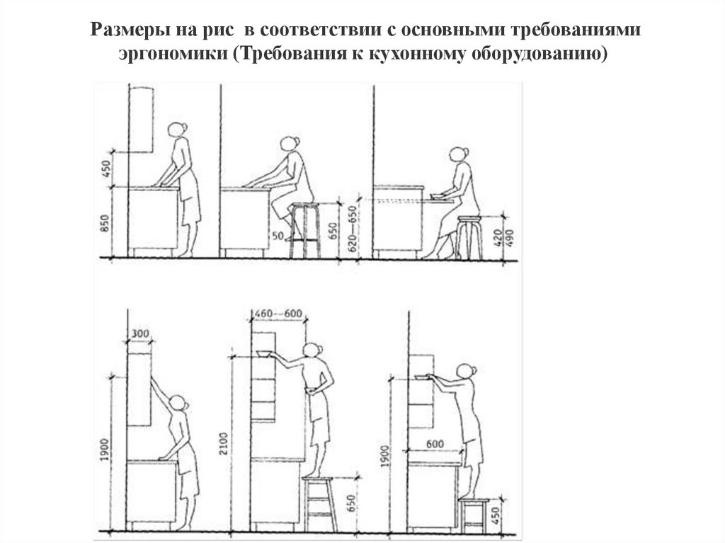 Размеры на рис в соответствии с основными требованиями эргономики (Требования к кухонному оборудованию)