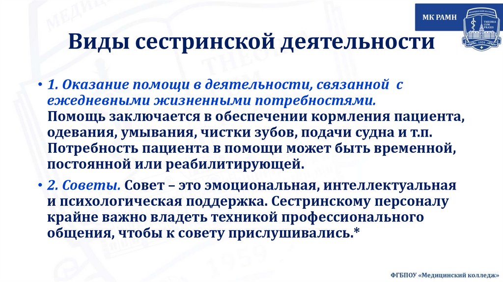 Виды сестринской деятельности