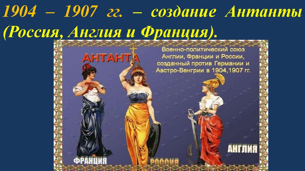 1904 – 1907 гг. – создание Антанты (Россия, Англия и Франция).