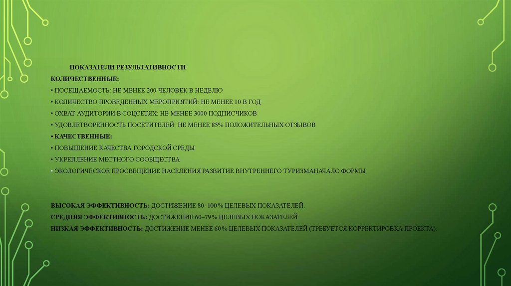 Показатели Результативности Количественные: • Посещаемость: не менее 200 человек в неделю • Количество проведенных мероприятий:
