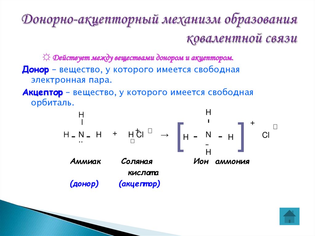 Донорно-акцепторный механизм образования ковалентной связи