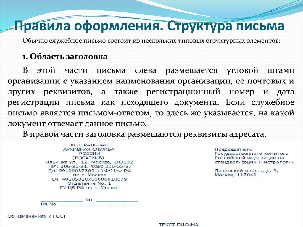 Правила оформления. Структура письма