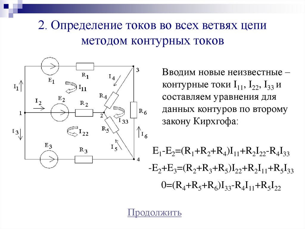 2. Определение токов во всех ветвях цепи методом контурных токов