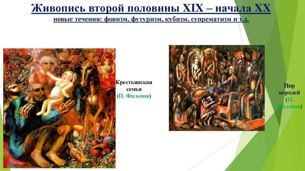 Живопись второй половины XIX – начала XX новые течения: фовизм, футуризм, кубизм, супрематизм и т.д.