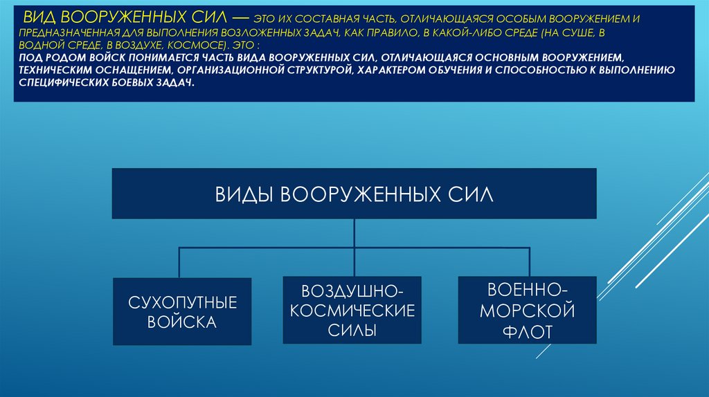 Вид Вооруженных Сил — это их составная часть, отличающаяся особым вооружением и предназначенная для выполнения возложенных