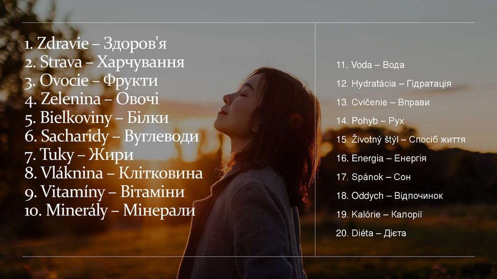 1. Zdravie – Здоров'я 2. Strava – Харчування 3. Ovocie – Фрукти 4. Zelenina – Овочі 5. Bielkoviny – Білки 6. Sacharidy –