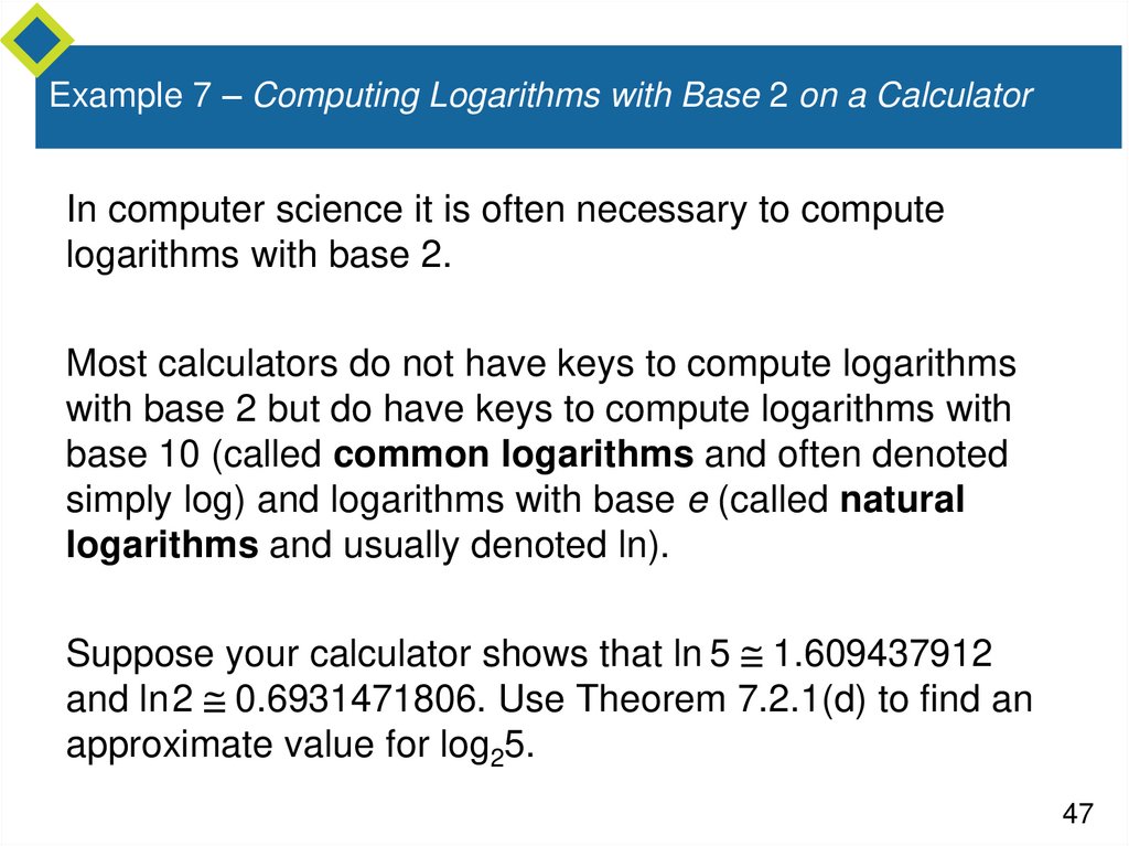 Example 7 – Computing Logarithms with Base 2 on a Calculator